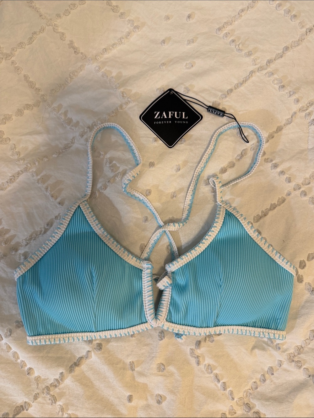 Zaful Aqua Blue Ribbed Swim Top only with White Crochet Trim nwt